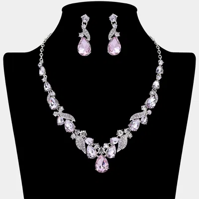 Fashnzfab Teardrop Stone Cluster Accent Rhinestone Paved Leaf Embellished Necklace 18" + 3" L In Purple