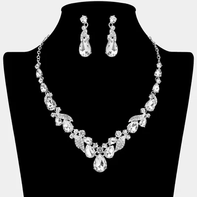 Fashnzfab Teardrop Stone Cluster Accent Rhinestone Paved Leaf Embellished Necklace 18" + 3" L In Silver