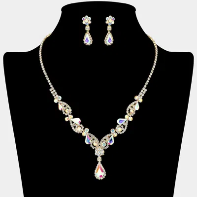 Fashnzfab Teardrop Stone Cluster Accent Rhinestone Paved Y Shape Necklace - Ab, Gold