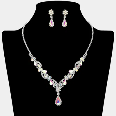 Fashnzfab Teardrop Stone Cluster Accent Rhinestone Paved Y Shape Necklace - Ab, Silver In Metallic