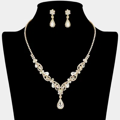 Fashnzfab Teardrop Stone Cluster Accent Rhinestone Paved Y Shape Necklace - Clear, Gold