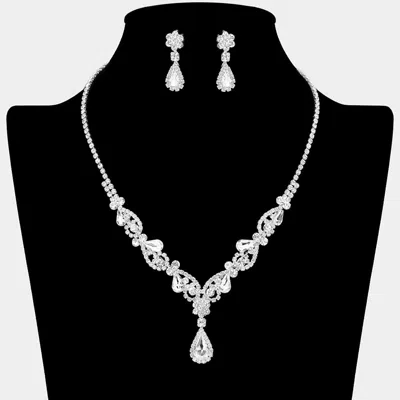 Fashnzfab Teardrop Stone Cluster Accent Rhinestone Paved Y Shape Necklace - Clear, Silver