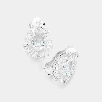 Fashnzfab Teardrop Stone Cluster Clip On Evening Earrings In Silver