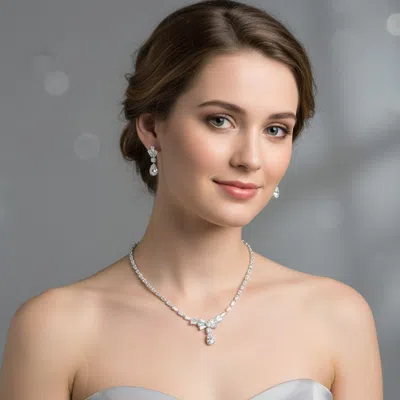 Fashnzfab Teardrop Stone Cluster Dangle Bow Baguette Cz Stone Cluster Embellished Necklace - Clear, Silver In Multi