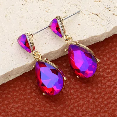 Fashnzfab Teardrop Stone Cluster Dangle Evening Earrings - Ab, Gold, Purple