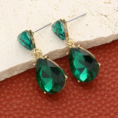 Fashnzfab Teardrop Stone Cluster Dangle Evening Earrings - Emerald, Gold In Multi