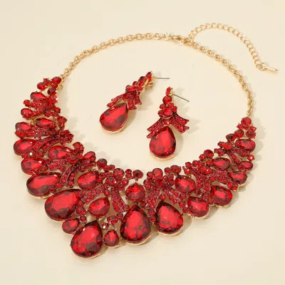 Fashnzfab Teardrop Stone Cluster Embellished Bib Statement Evening Necklace - Gold, Red