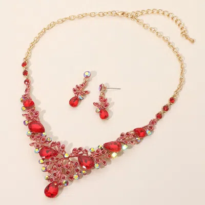 Fashnzfab Teardrop Stone Cluster Embellished Branch Evening Necklace In Red