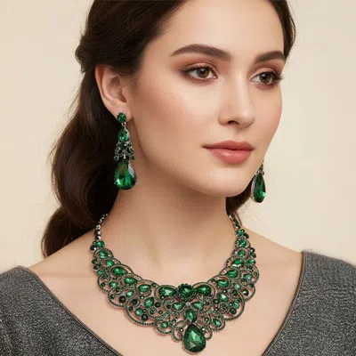 Fashnzfab Teardrop Stone Cluster Embellished Collar Evening Necklace - Emerald, Silver In Multi