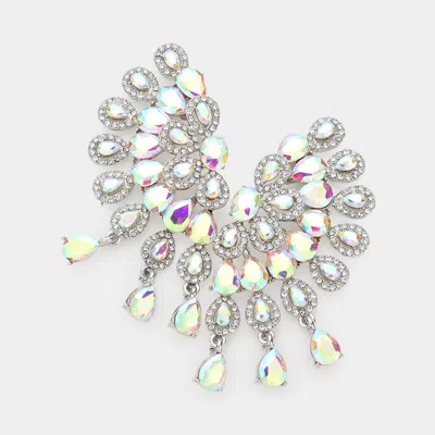 Fashnzfab Teardrop Stone Cluster Embellished Evening Earrings - Ab, Rhodium In Metallic