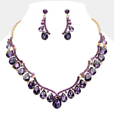 Fashnzfab Teardrop Stone Cluster Embellished Evening Necklace 19" + 4" L In Purple