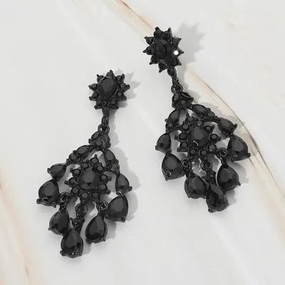 Fashnzfab Teardrop Stone Cluster Embellished Floral Chandelier Evening Earrings In Black