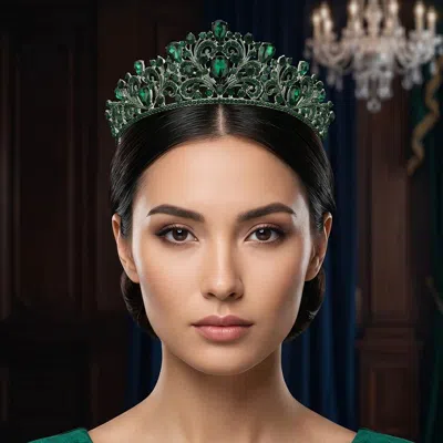 Fashnzfab Teardrop Stone Cluster Embellished Princess Tiara In Green