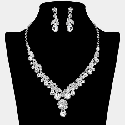 Fashnzfab Teardrop Stone Cluster Embellished Rhinestone Necklace In Silver