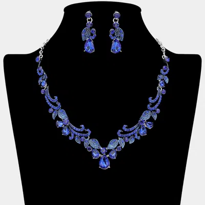 Fashnzfab Teardrop Stone Cluster Embellished Rhinestone Paved Leaf Vine Necklace In Blue