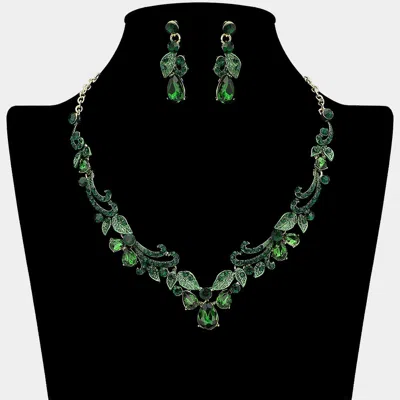 Fashnzfab Teardrop Stone Cluster Embellished Rhinestone Paved Leaf Vine Necklace In Green