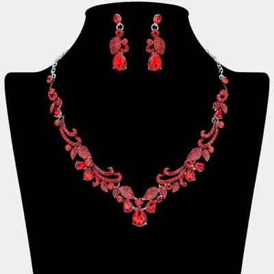 Fashnzfab Teardrop Stone Cluster Embellished Rhinestone Paved Leaf Vine Necklace In Red