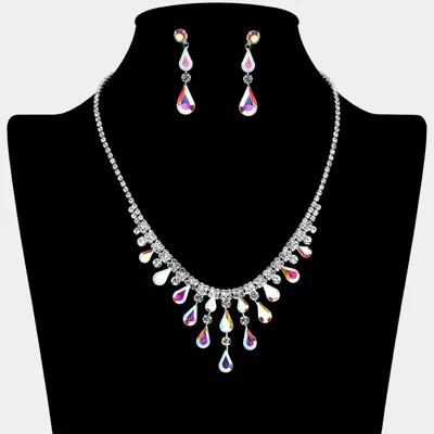 Fashnzfab Teardrop Stone Cluster Embellished Rhinestone Paved Necklace - Ab, Silver In Metallic