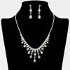 Fashnzfab Teardrop Stone Cluster Embellished Rhinestone Paved Necklace - Green, Silver In Green