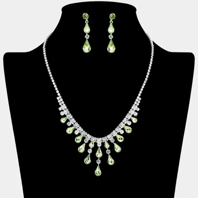Fashnzfab Teardrop Stone Cluster Embellished Rhinestone Paved Necklace - Green, Silver