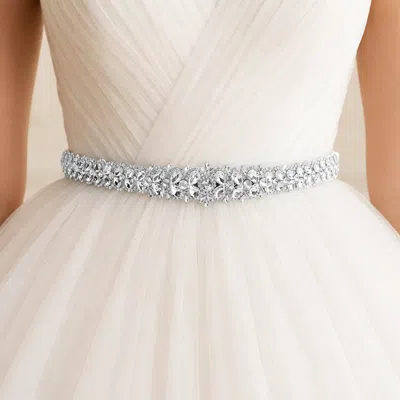 Fashnzfab Teardrop Stone Cluster Embellished Sash Ribbon Bridal Wedding Belt Headband In Silver