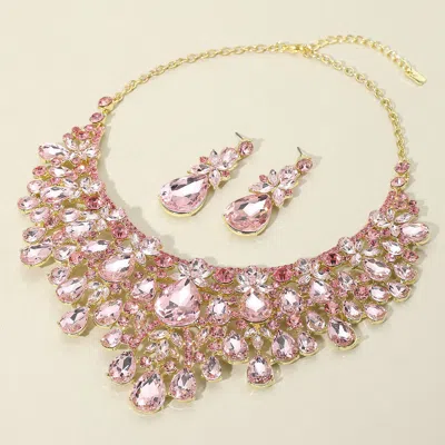 Fashnzfab Teardrop Stone Cluster Embellished Statement Evening Necklace In Pink