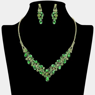 Fashnzfab Teardrop Stone Cluster Embellished V Shaped Rhinestone Paved Necklace In Green