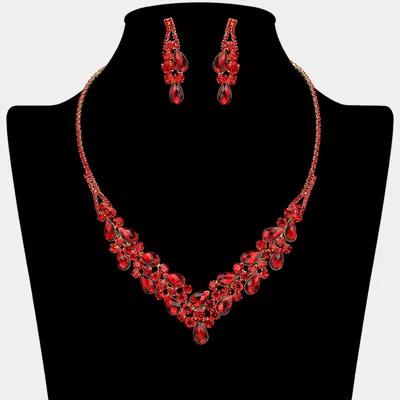 Fashnzfab Teardrop Stone Cluster Embellished V Shaped Rhinestone Paved Necklace In Red