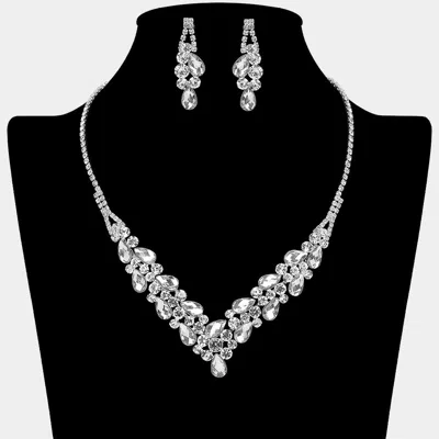 Fashnzfab Teardrop Stone Cluster Embellished V Shaped Rhinestone Paved Necklace In Silver