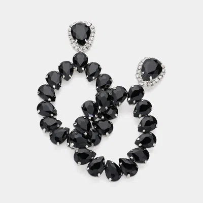 Fashnzfab Teardrop Stone Cluster Evening Earrings - Jet Black, Rhodium