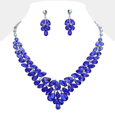Fashnzfab Teardrop Stone Cluster Evening Necklace - Rhodium, Royal Blue