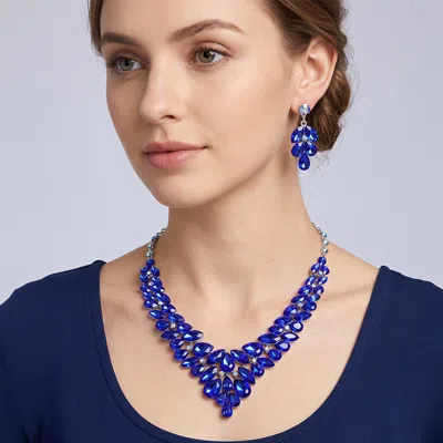 Fashnzfab Teardrop Stone Cluster Evening Necklace In Blue
