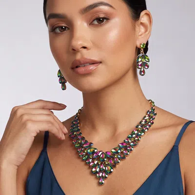 Fashnzfab Teardrop Stone Cluster Evening Necklace In Multi