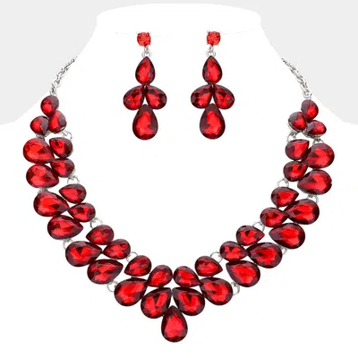 Fashnzfab Teardrop Stone Cluster Evening Necklace In Red