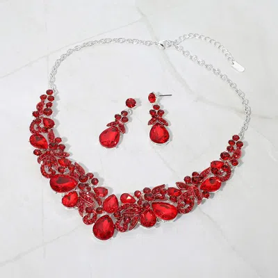 Fashnzfab Teardrop Stone Cluster Floral Embellished Evening Necklace In Red