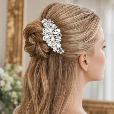 Fashnzfab Teardrop Stone Cluster Floral Hair Comb In Silver