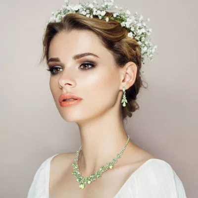 Fashnzfab Teardrop Stone Cluster Flower Embellished Necklace - Green, Light, Silver In Multi