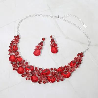 Fashnzfab Teardrop Stone Cluster Leaf Branch Embellished Evening Necklace In Red