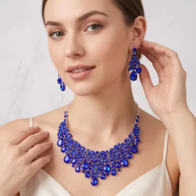 Fashnzfab Teardrop Stone Cluster Marquise Vine Embellished Evening Necklace In Blue