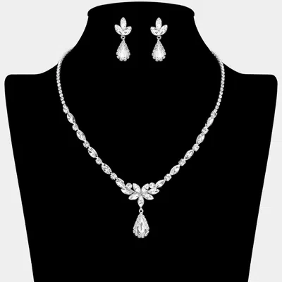 Fashnzfab Teardrop Stone Cluster Pendant Accent Marquise Floral Rhinestone Paved Necklace - Clear, Silver In Metallic