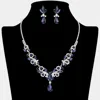 Fashnzfab Teardrop Stone Cluster Pendant Marquise Stone Cluster Rhinestone Paved Necklace - Montana Blue, Silv In Blue