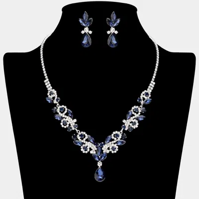 Fashnzfab Teardrop Stone Cluster Pendant Marquise Stone Cluster Rhinestone Paved Necklace - Montana Blue, Silv In Multi