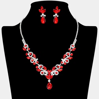 Fashnzfab Teardrop Stone Cluster Pendant Marquise Stone Cluster Rhinestone Paved Necklace - Red, Silver