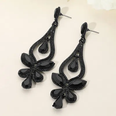 Fashnzfab Teardrop Stone Cluster Pointed Chandelier Dangle Evening Earrings - Black, Jet Black