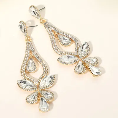 Fashnzfab Teardrop Stone Cluster Pointed Chandelier Dangle Evening Earrings - Clear, Gold