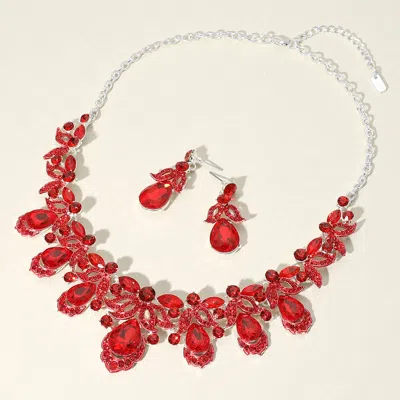 Fashnzfab Teardrop Stone Cluster Pointed Marquise Round Stone Embellished Collar Evening Necklace In Red