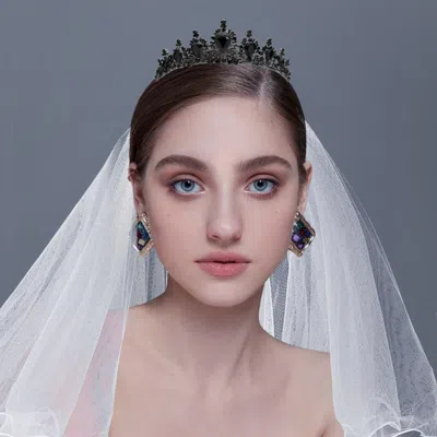 Fashnzfab Teardrop Stone Cluster Pointed Princess Tiara In Black