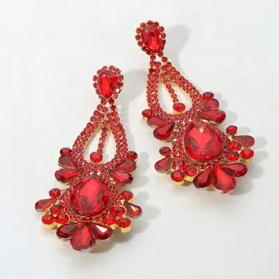 Fashnzfab Teardrop Stone Cluster Statement Evening Earrings - Gold, Red
