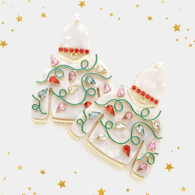 Fashnzfab Teardrop Stone Embellished Celluloid Acetate Christmas Sweater Dangle Earrings In White