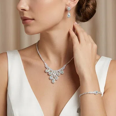 Fashnzfab Teardrop Stone Embellished Rhinestone Paved Jewelry Set In Silver